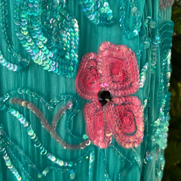 Turquoise Pink 100% Silk Floral Sequin Short Jacket | Hand Embroidered | Small - Picture 9 of 16